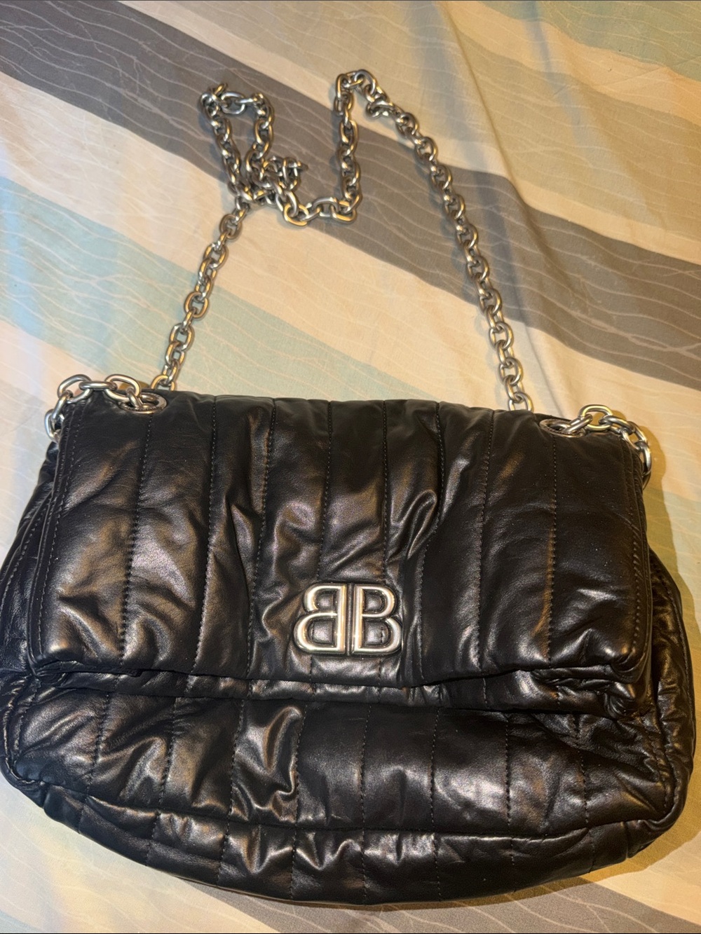 Balenciaga Black Quilted Shoulder Bag with Silver Chain